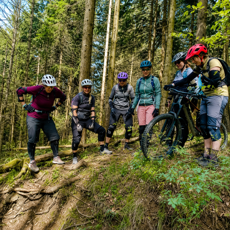 Sechs Mountainbikerinnen besprechen im Fahrtechniktraining eine wurzelige Schlüsselstelle im Wald