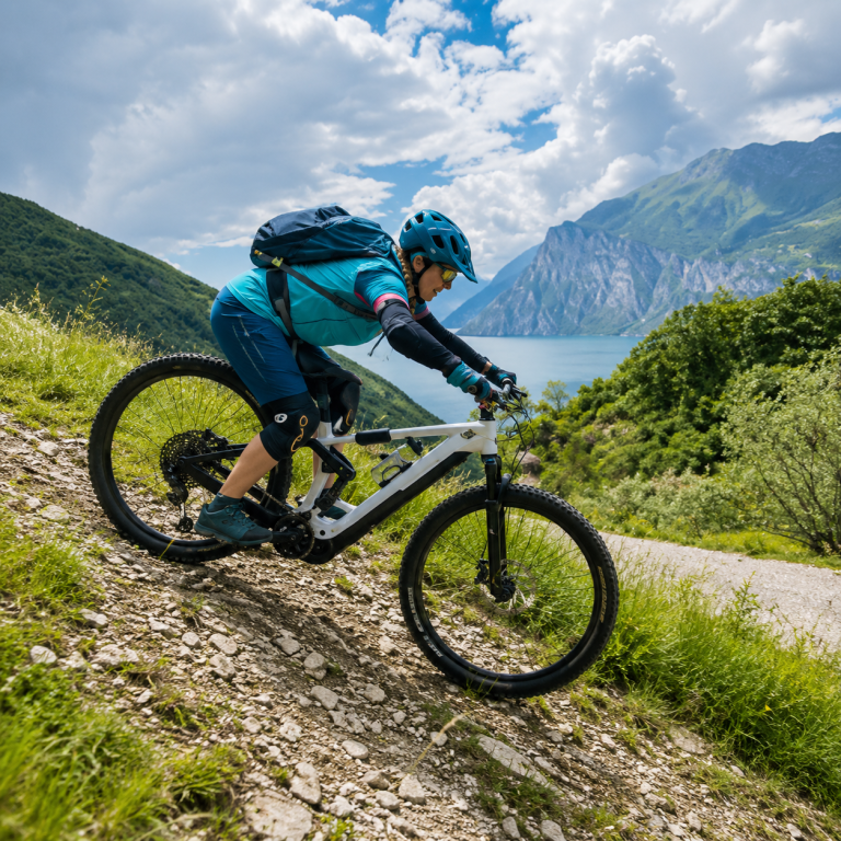 E-Mountainbikerin fährt auf einem steinigen Hangtrail mit Blick auf den Gardasee