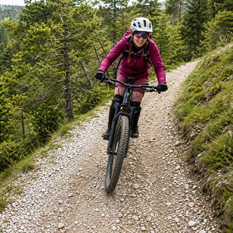 E-Mountainbikerin trainiert Körperposition und Balance auf einem Waldweg